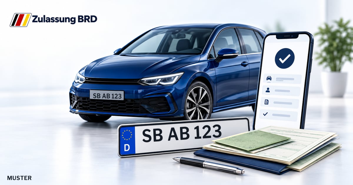 Online Fahrzeugzulassung in Friedrichsthal: Musterkennzeichen SB AB 123, Auto und Fahrzeugpapiere und Smartphone. Illustration mit Logo von Zulassung BRD.